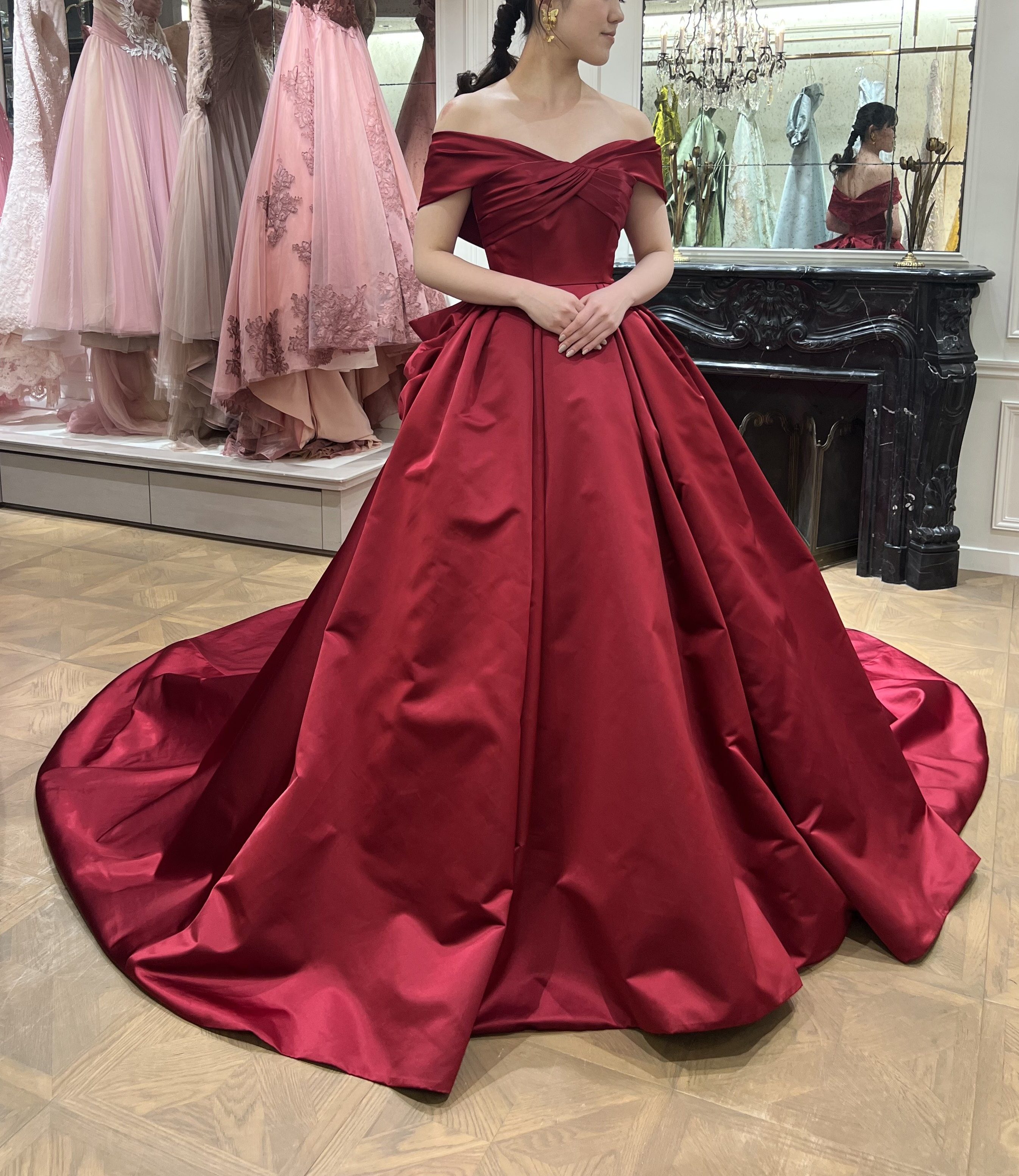 esum エスム　Claire W クレア ワイド　レッド　カラードレス　リボン　オフショルダー　