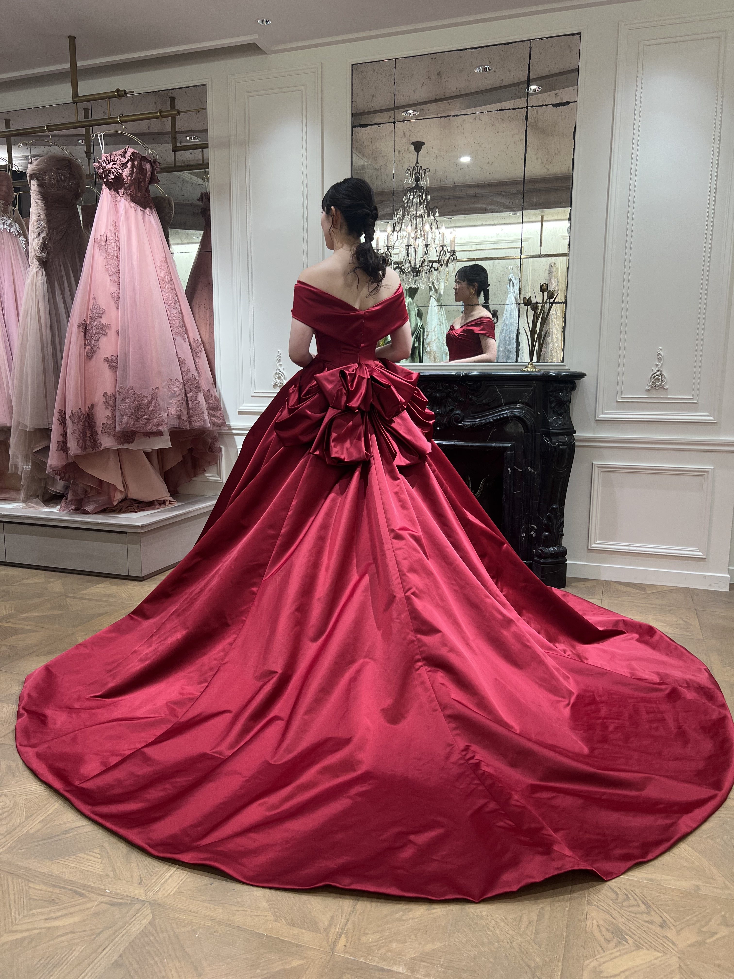 esum エスム　Claire W クレア ワイド　レッド　カラードレス　リボン　オフショルダー