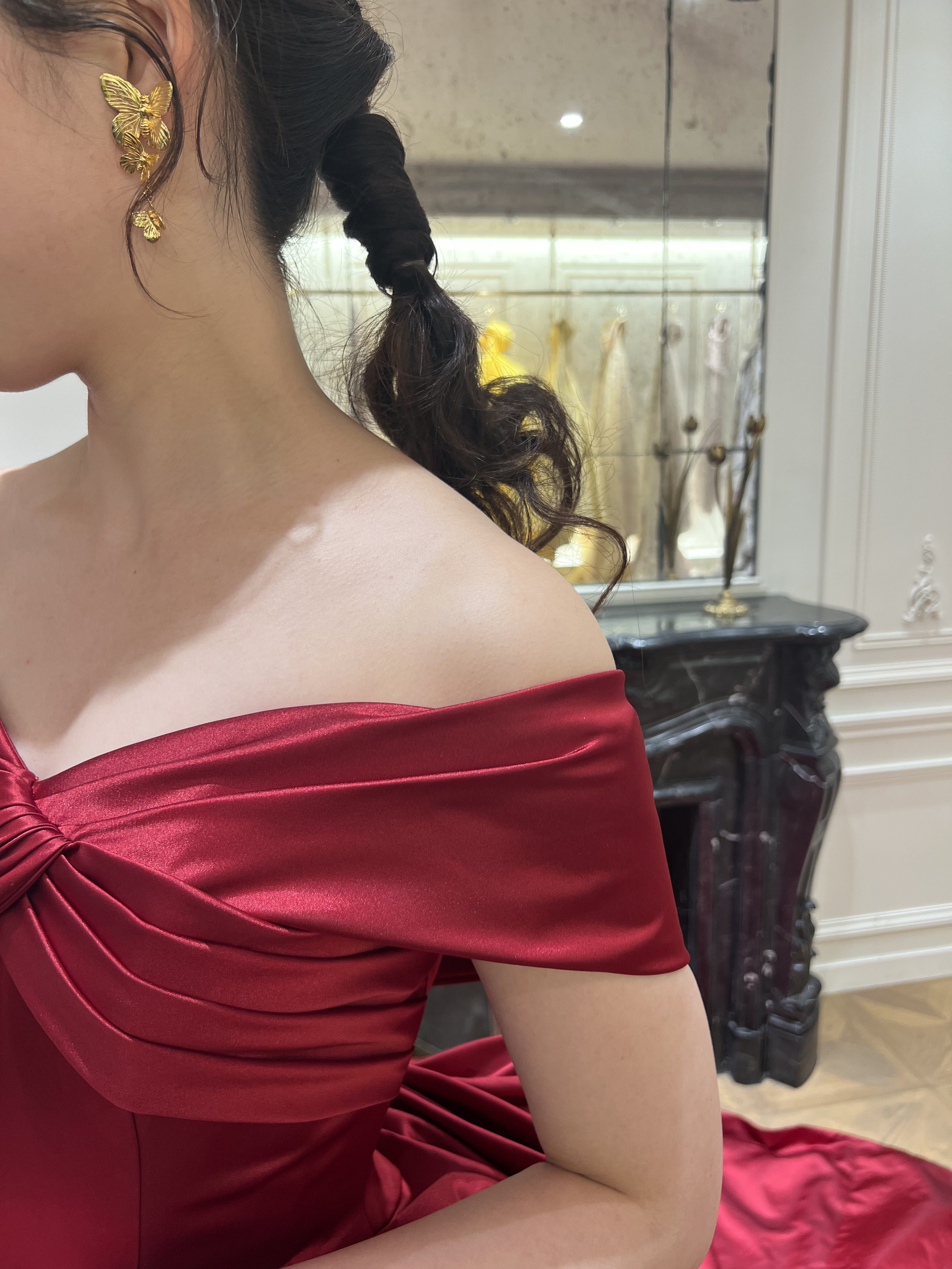 esum エスム　Claire W クレア ワイド　レッド　カラードレス　リボン　オフショルダー