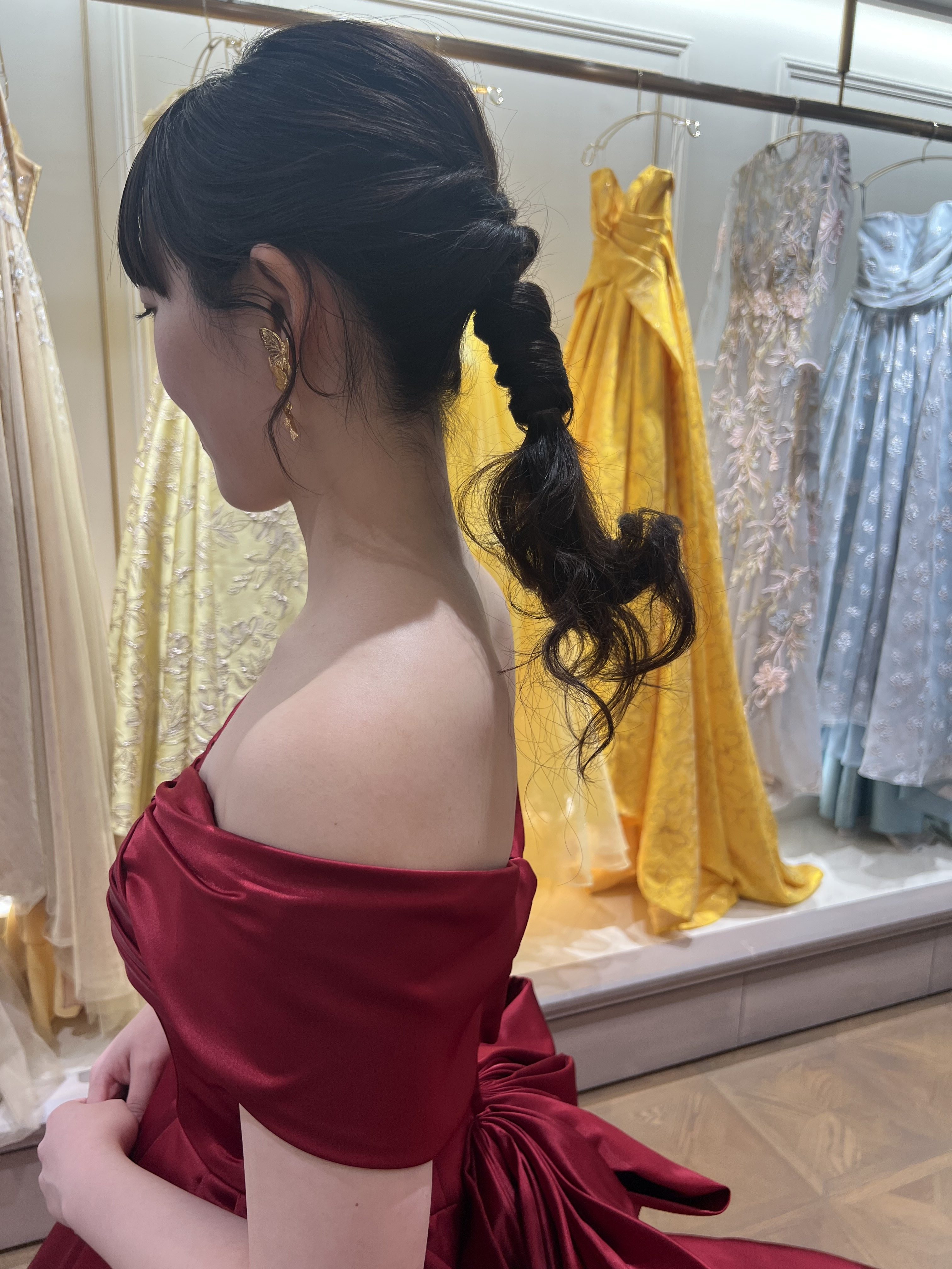 esum エスム　Claire W クレア ワイド　レッド　カラードレス　リボン　オフショルダー